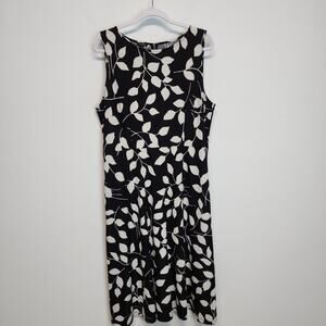 Talbots Floral Midi Sheath Dress Womens XL Black White Stretch Jersey Sleeveless